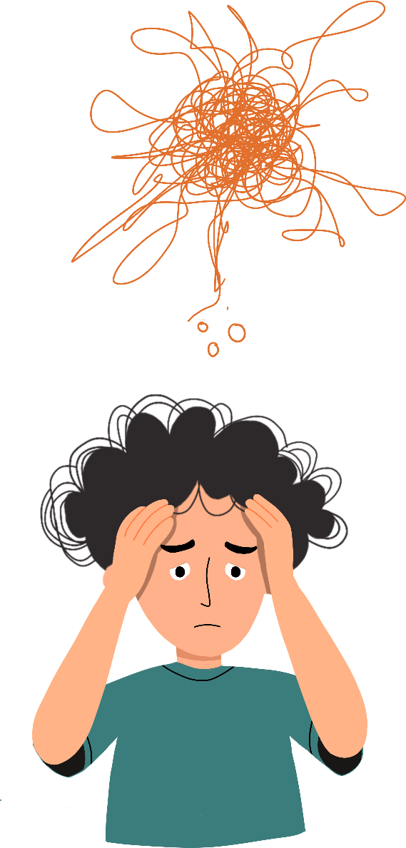 Illustration: Junge mit traurigem Gesicht und Händen an den Schläfen – Symbol für Überforderung oder emotionale Belastung